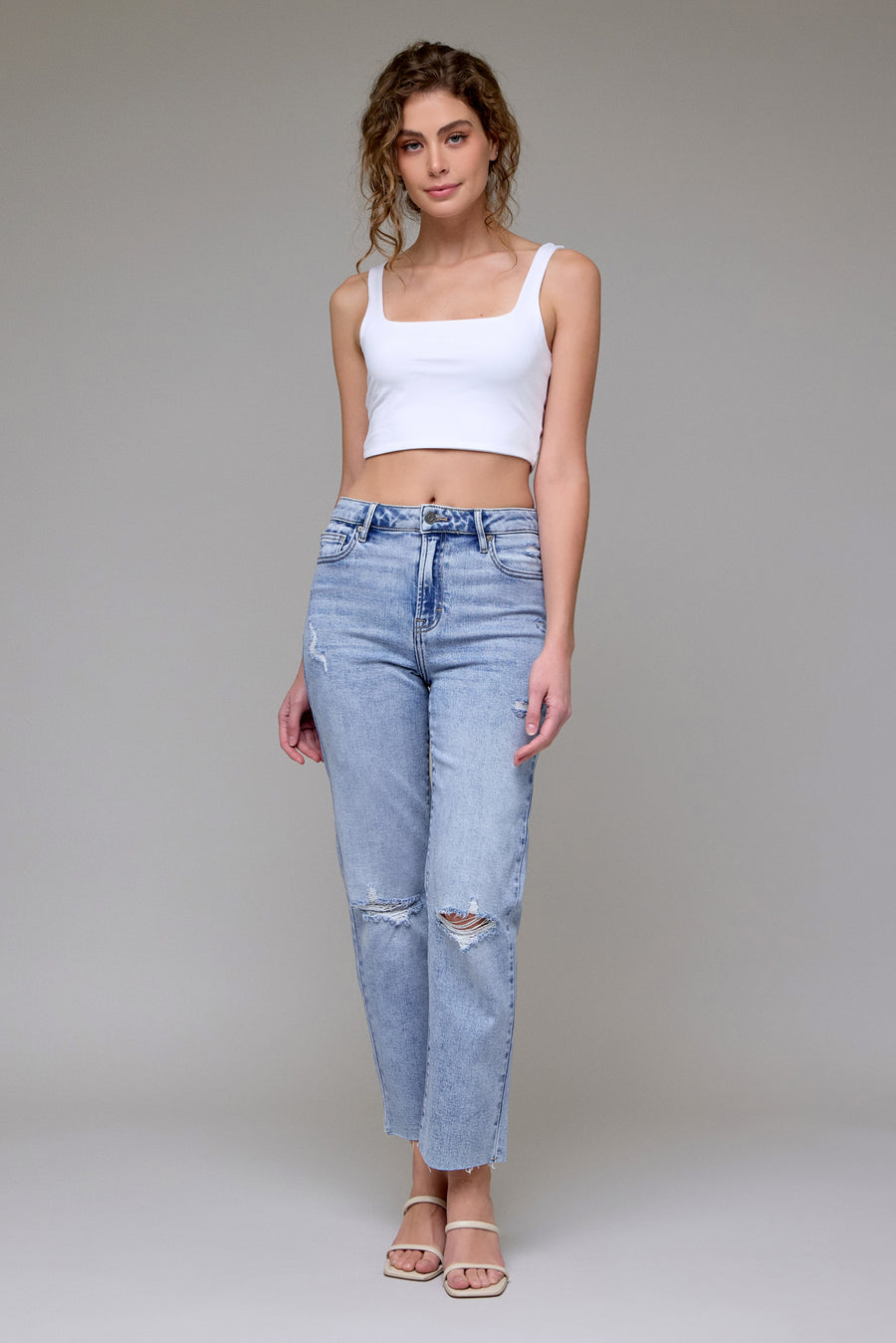 [TRACEY] Light Wash Knee Distressed Crop Straight