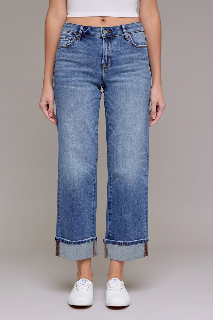 [ELLA] Medium Wash 31" Inseam Mid Rise Cuffed Wide Straight