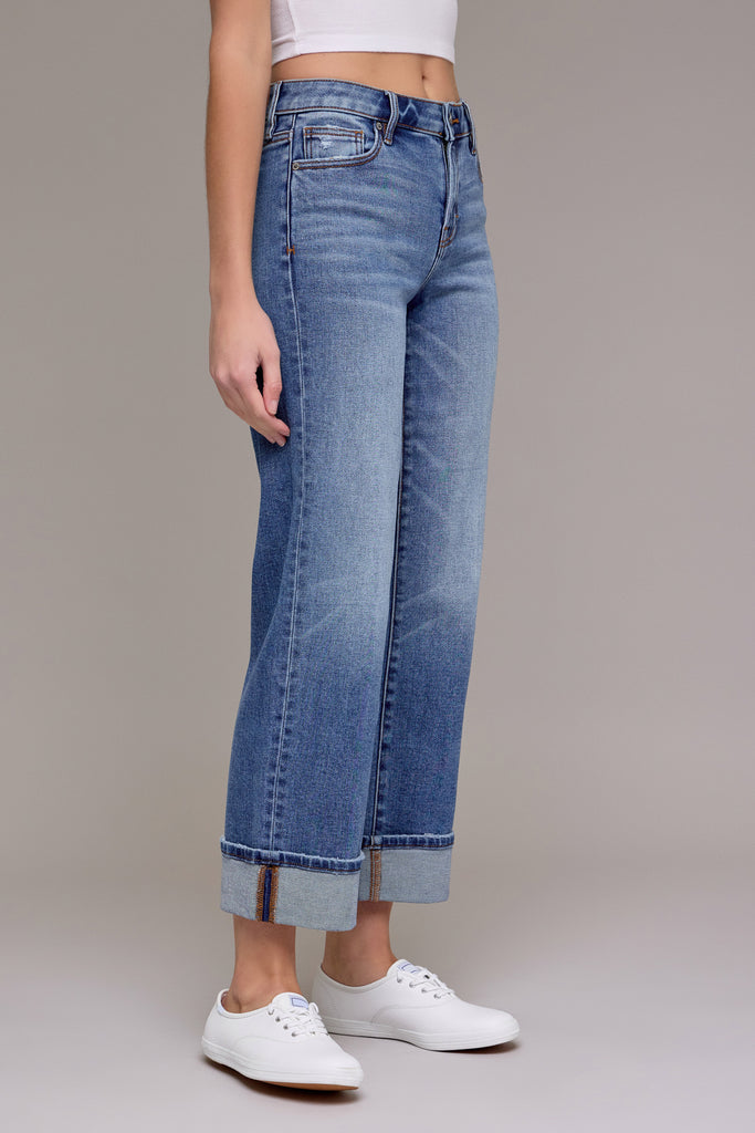 [ELLA] Medium Wash 31" Inseam Mid Rise Cuffed Wide Straight