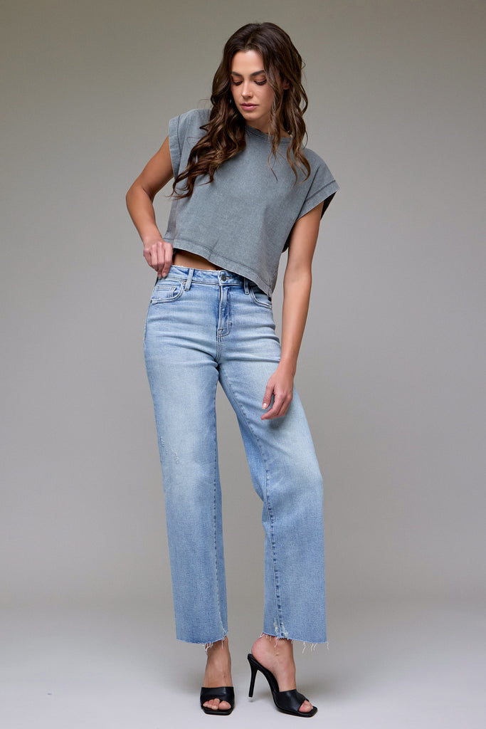 [ELLA] Light Wash Stretch Raw Hem Classic Straight