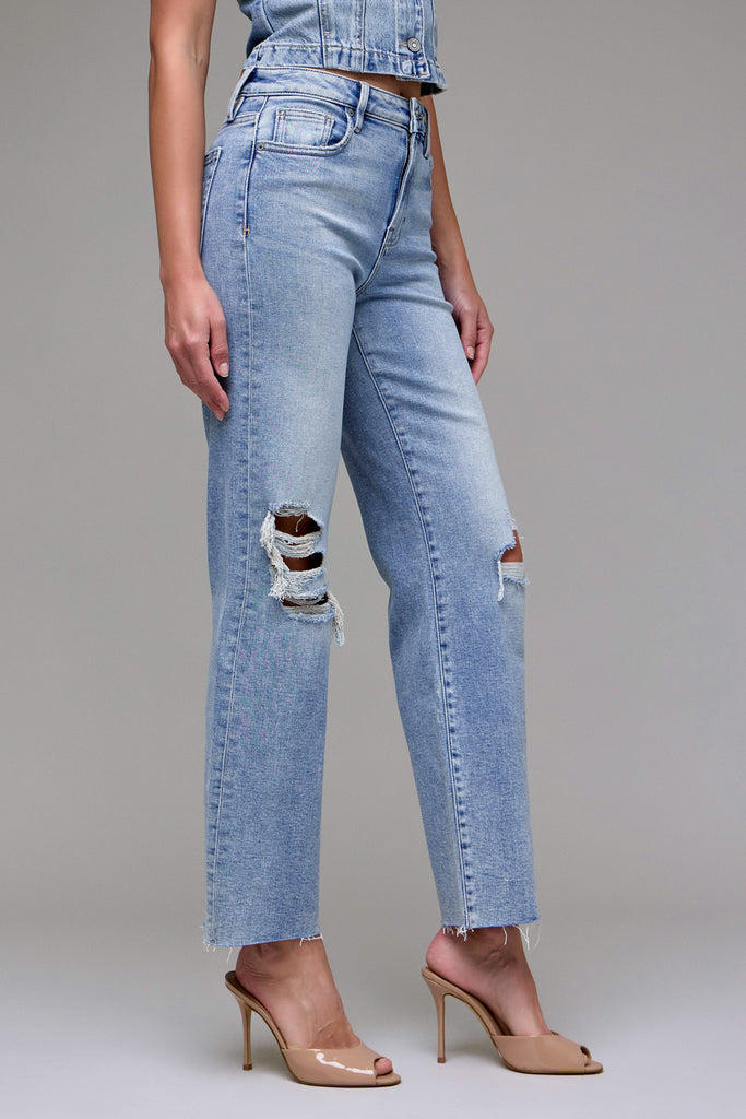[ELLA] Light Vintage Knee Distressed 31" Inseam Classic Straight