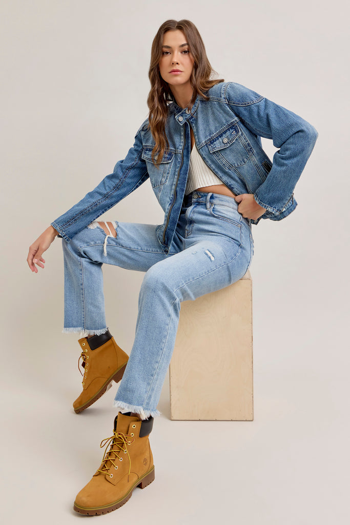 [REBEL] Medium Wash Classic Biker Jacket