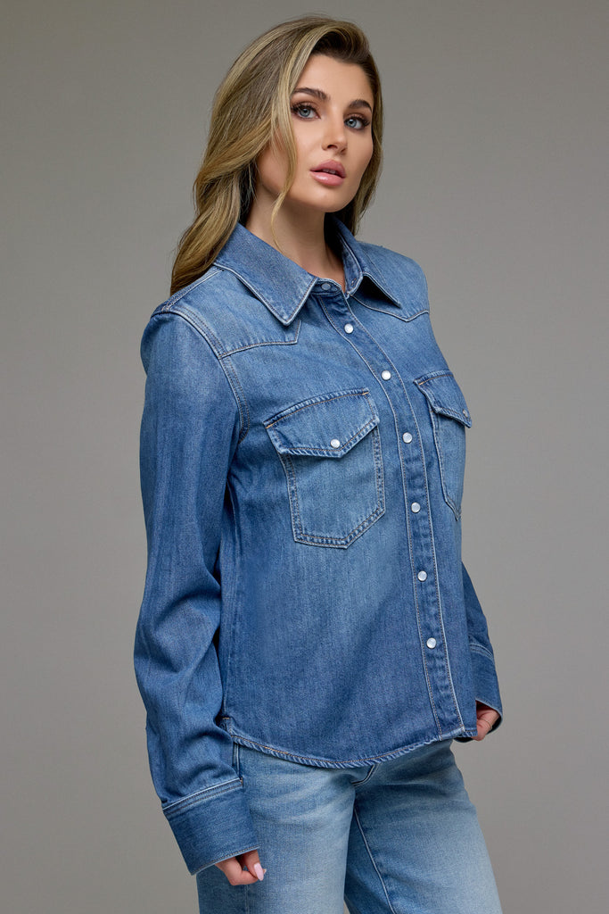 [ABBY] Medium Wash Basic Western Shirt