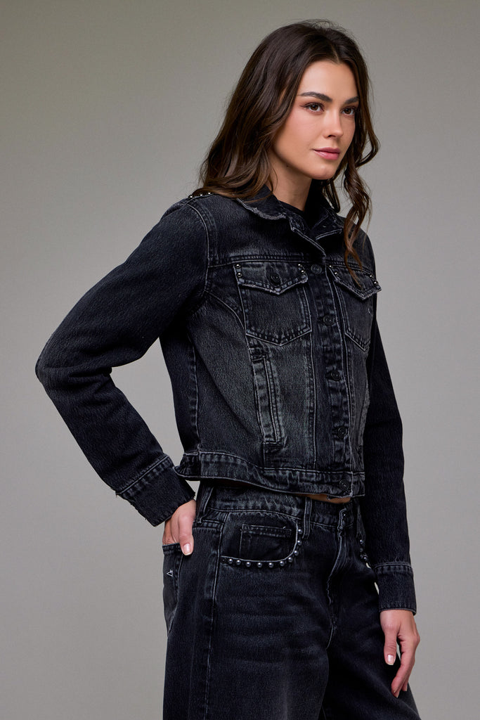 [REBEL] Charcoal Fitted Studded Trucker Jacket