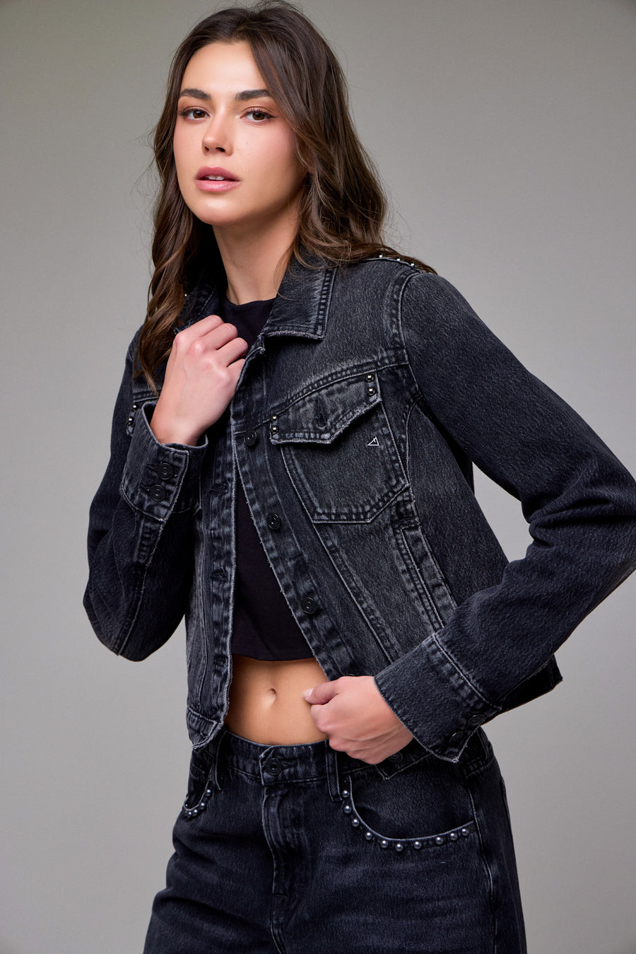 [REBEL] Charcoal Fitted Studded Trucker Jacket