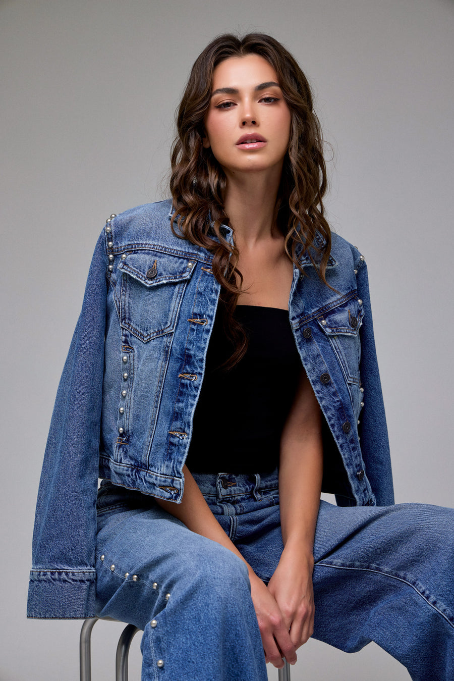 [REBEL] Medium Wash Pearl Embellished Fitted Trucker Jacket