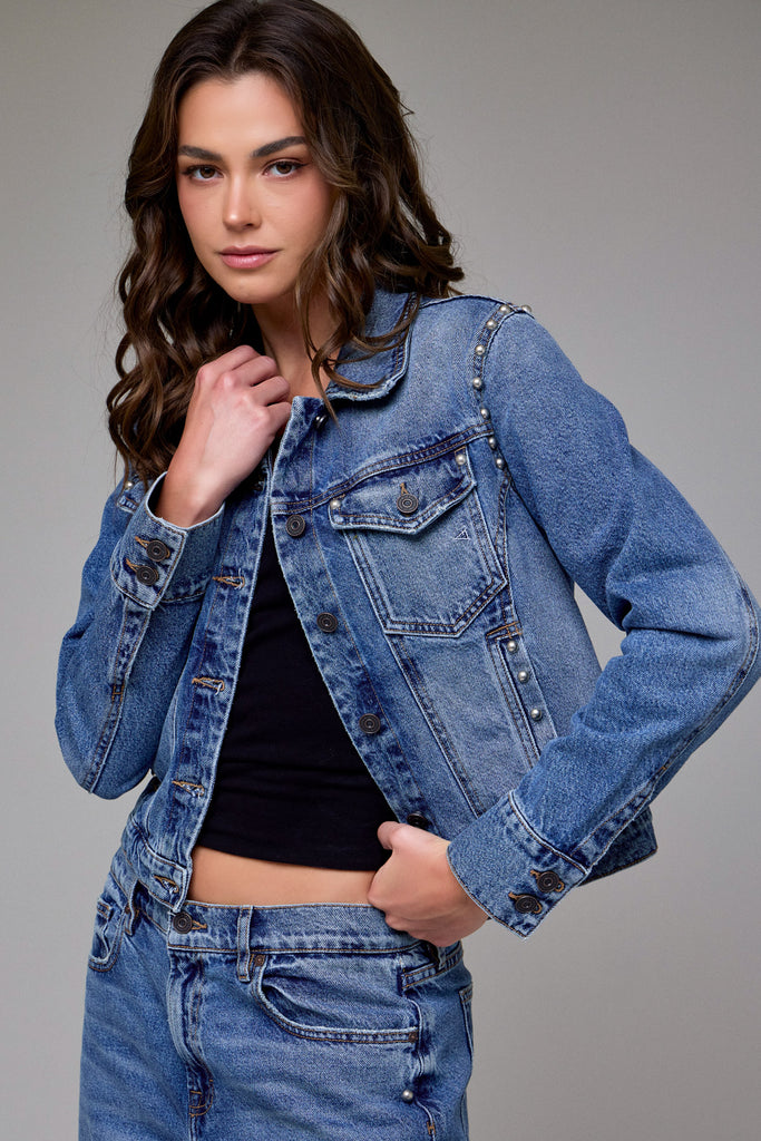 [REBEL] Medium Wash Pearl Embellished Fitted Trucker Jacket