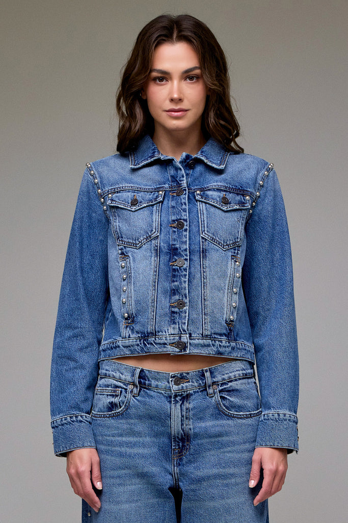 [REBEL] Medium Wash Pearl Embellished Fitted Trucker Jacket
