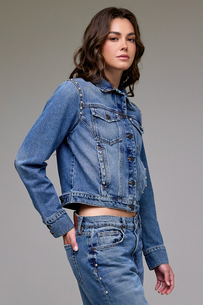 [REBEL] Medium Wash Pearl Embellished Fitted Trucker Jacket
