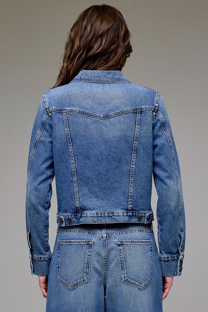 [REBEL] Medium Wash Pearl Embellished Fitted Trucker Jacket