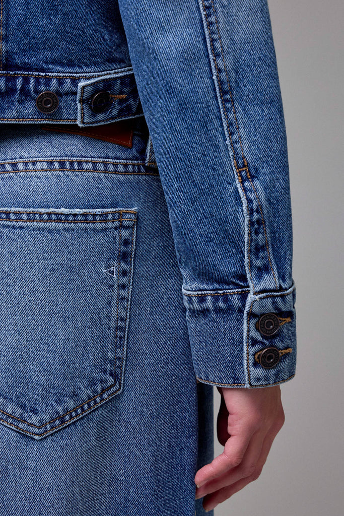 [REBEL] Medium Wash Pearl Embellished Fitted Trucker Jacket