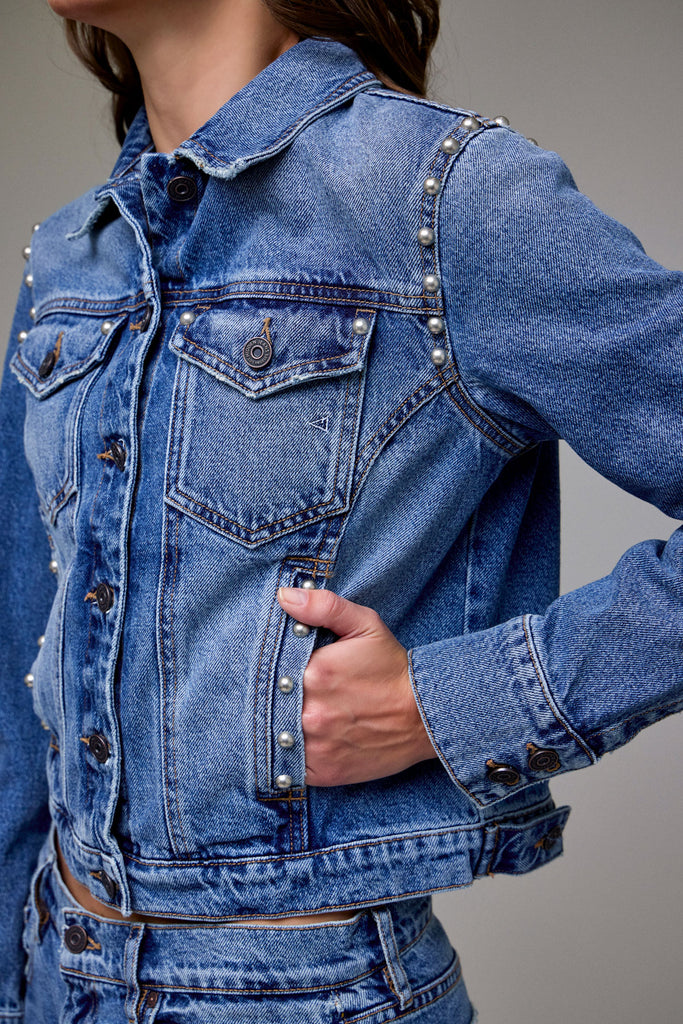 [REBEL] Medium Wash Pearl Embellished Fitted Trucker Jacket