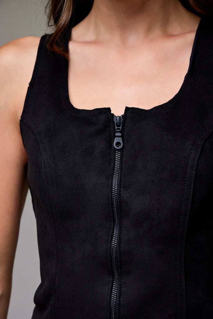[REBEL] Black Suede Bodycon Front Zipper Top