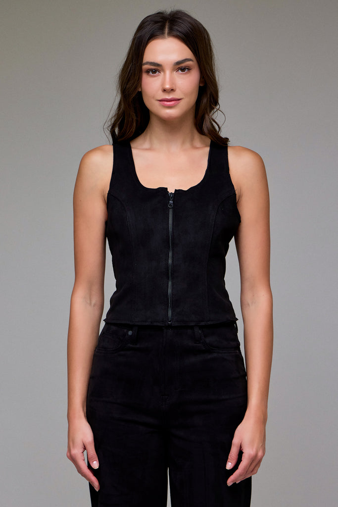 [REBEL] Black Suede Bodycon Front Zipper Top