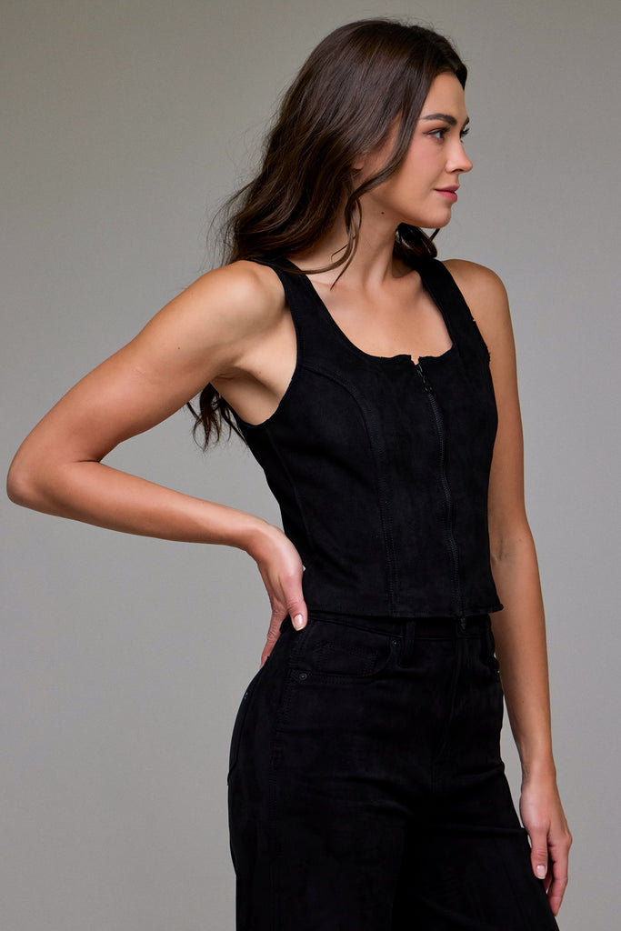 [REBEL] Black Suede Bodycon Front Zipper Top