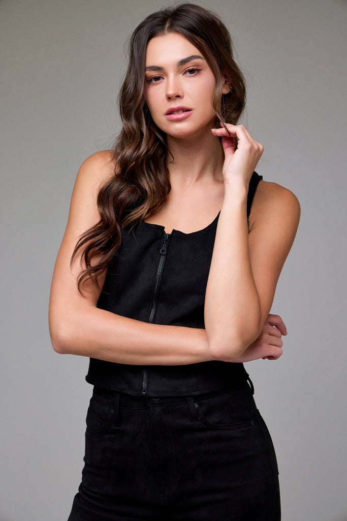 [REBEL] Black Suede Bodycon Front Zipper Top