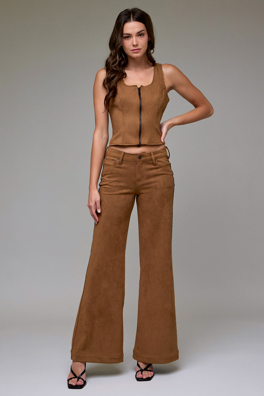 [REBEL] Caramel Suede Bodycon Front Zipper Top