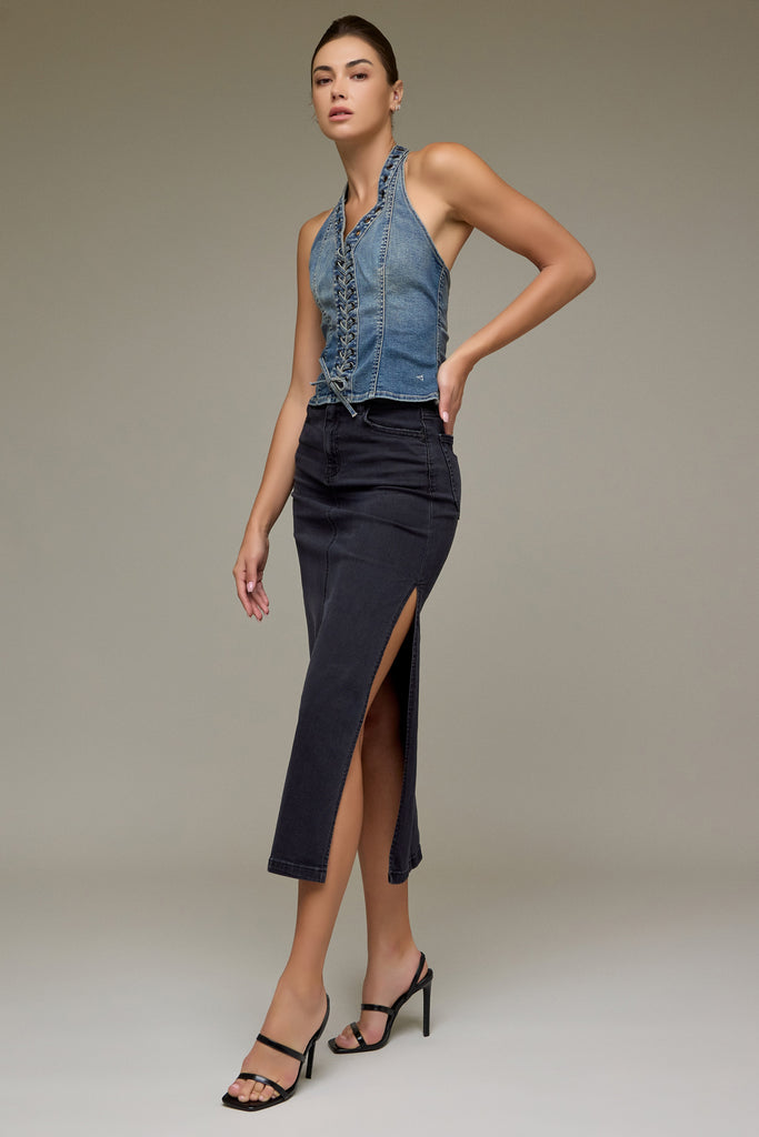 [PEYTON] Black Side Slit Stretch Midi Skirt