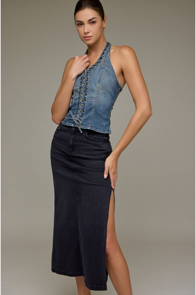 [PEYTON] Black Side Slit Stretch Midi Skirt