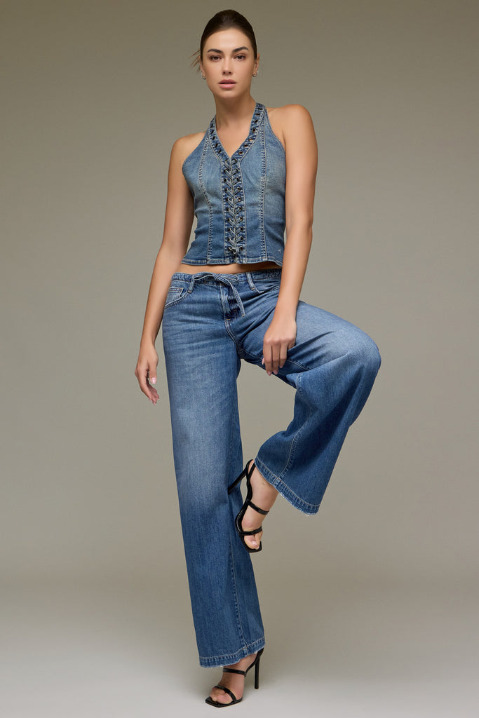 [NORI] Medium Wash Mid Rise Drawstring Wide Leg