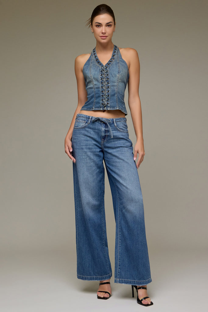 [NORI] Medium Wash Mid Rise Drawstring Wide Leg