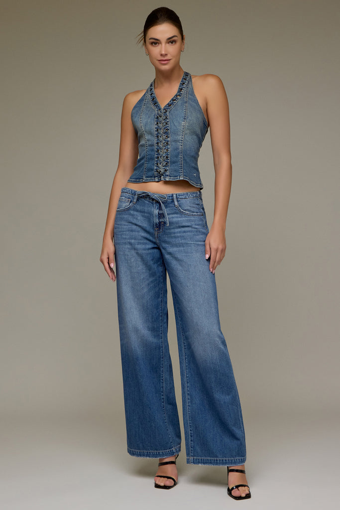 [NORI] Medium Wash Mid Rise Drawstring Wide Leg