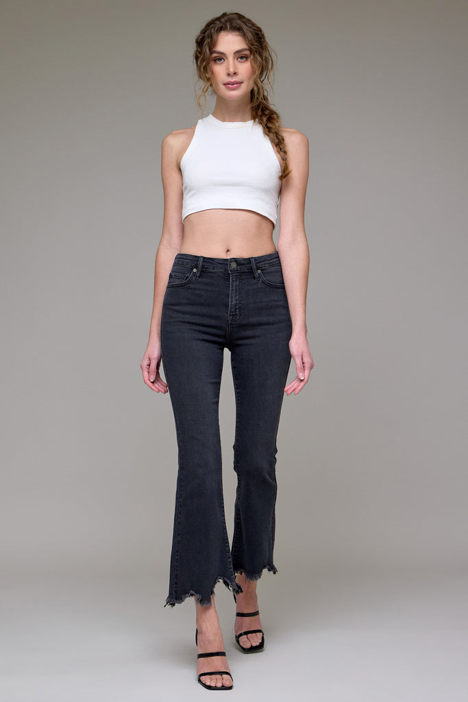 [HAPPI] Black Frayed Hem Cropped Flare