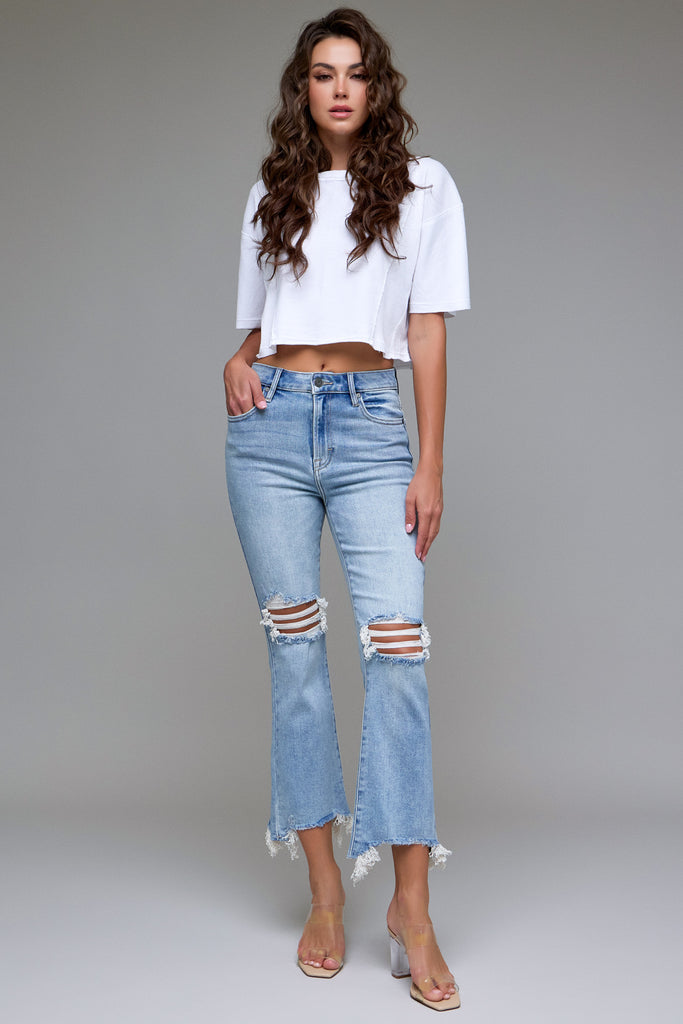 [HAPPI] Medium Wash Knee Distressed Frayed Hem Cropped Flare