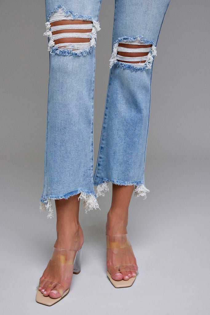 [HAPPI] Medium Wash Knee Distressed Frayed Hem Cropped Flare