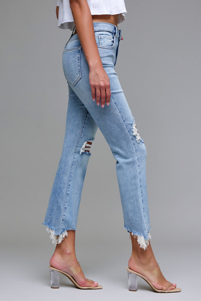 [HAPPI] Medium Wash Knee Distressed Frayed Hem Cropped Flare