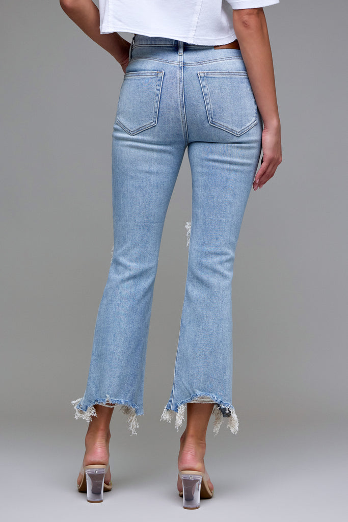 [HAPPI] Medium Wash Knee Distressed Frayed Hem Cropped Flare