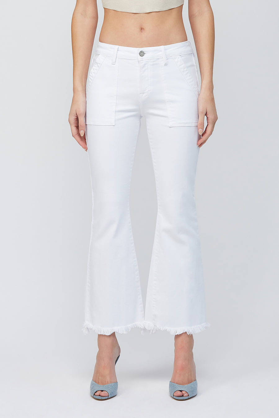 [HAPPI] White Cargo Pocket Cropped Flare