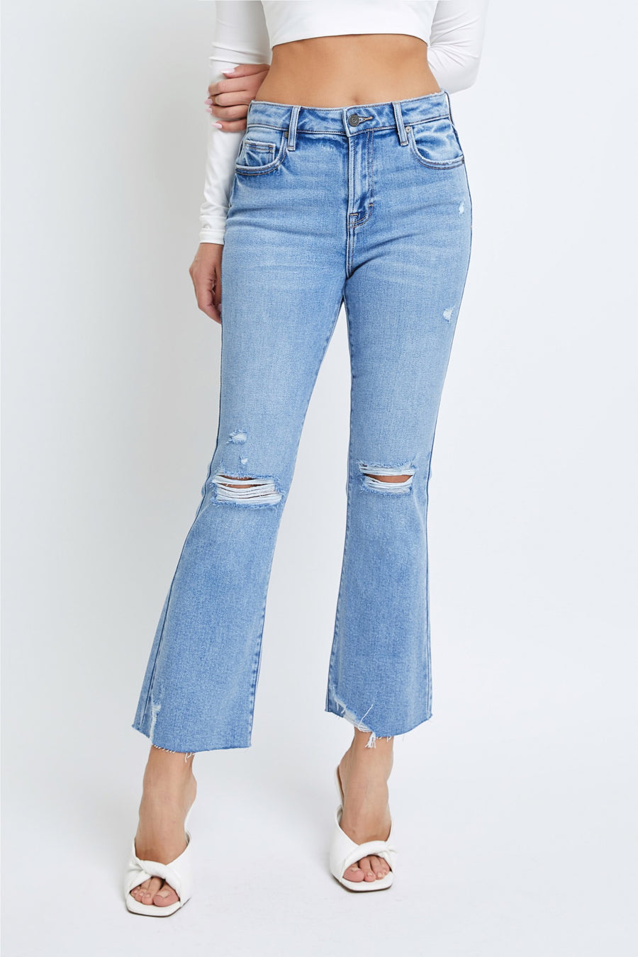 [HAPPI] LIGHT WASH DISTRESSED CLEAN CUT CROPPED FLARE
