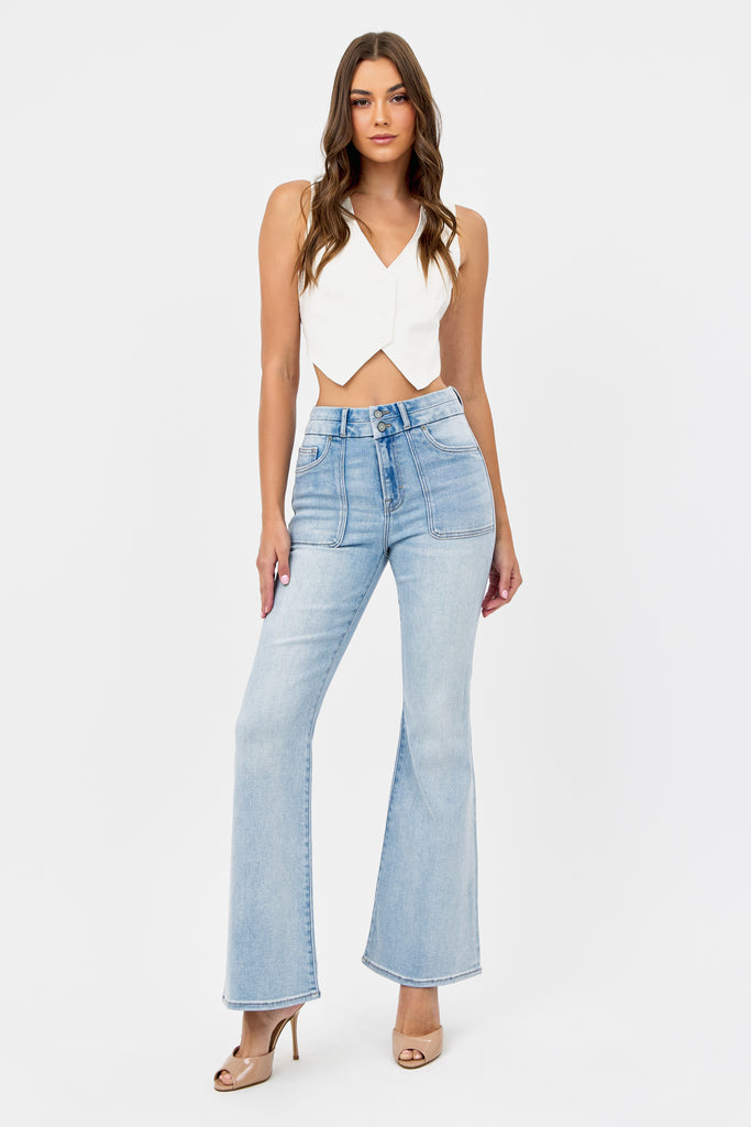 HAPPI] LIGHT WASH DOUBLE WAISTBAND UTILITY POCKET FLARE