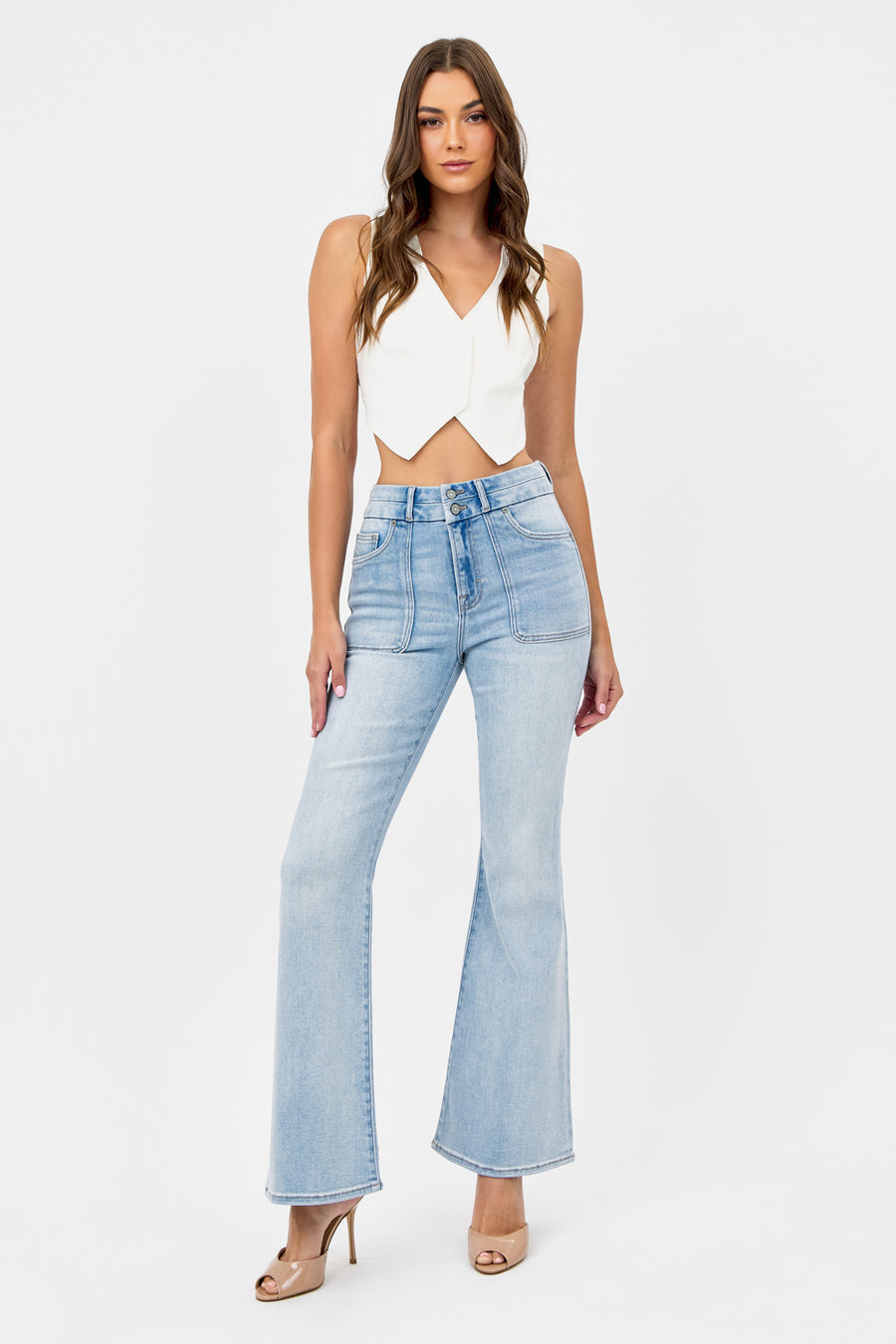 [HAPPI] LIGHT WASH DOUBLE WAISTBAND UTILITY POCKET FLARE