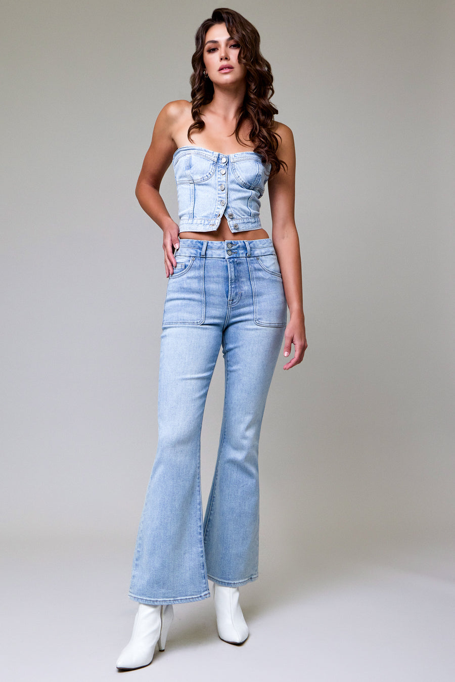 [HAPPI] LIGHT WASH DOUBLE WAISTBAND UTILITY POCKET FLARE