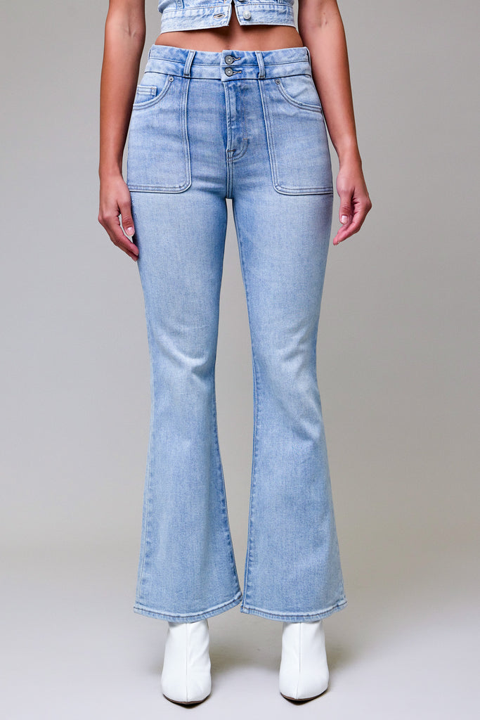 [HAPPI] LIGHT WASH DOUBLE WAISTBAND UTILITY POCKET FLARE