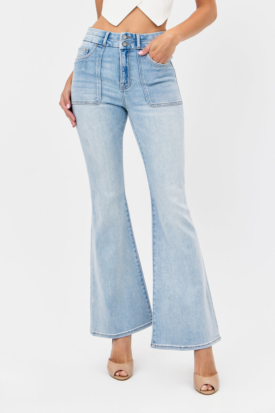 [HAPPI] LIGHT WASH DOUBLE WAISTBAND UTILITY POCKET FLARE