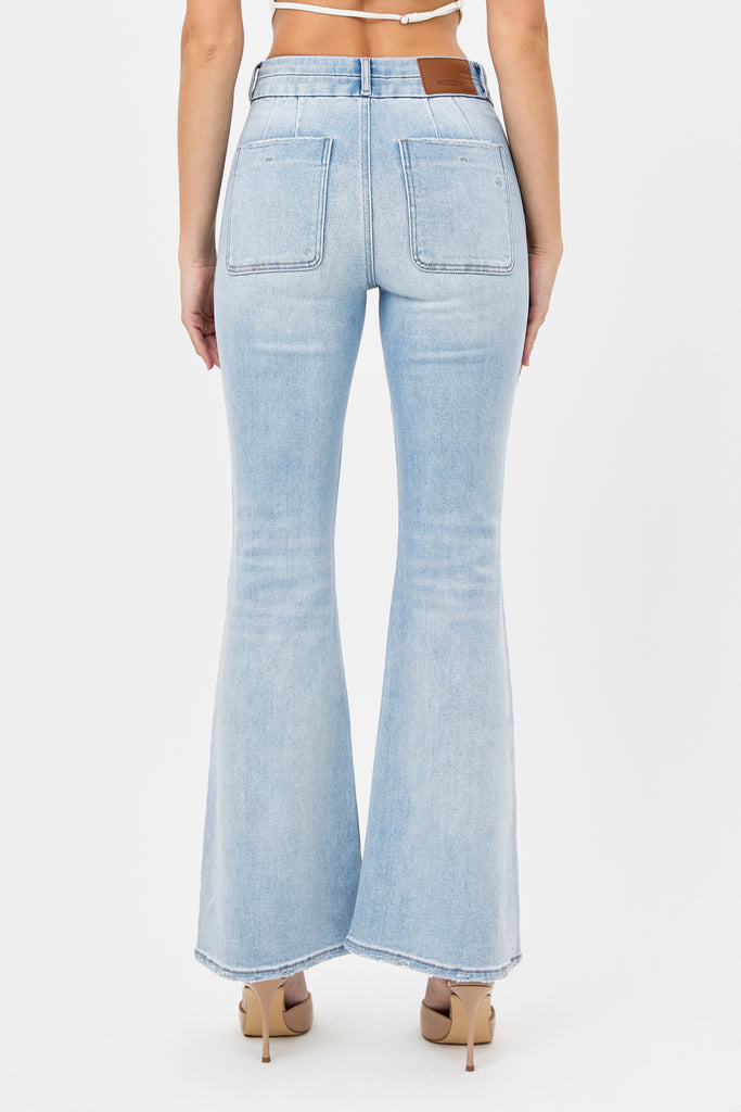 [HAPPI] LIGHT WASH DOUBLE WAISTBAND UTILITY POCKET FLARE