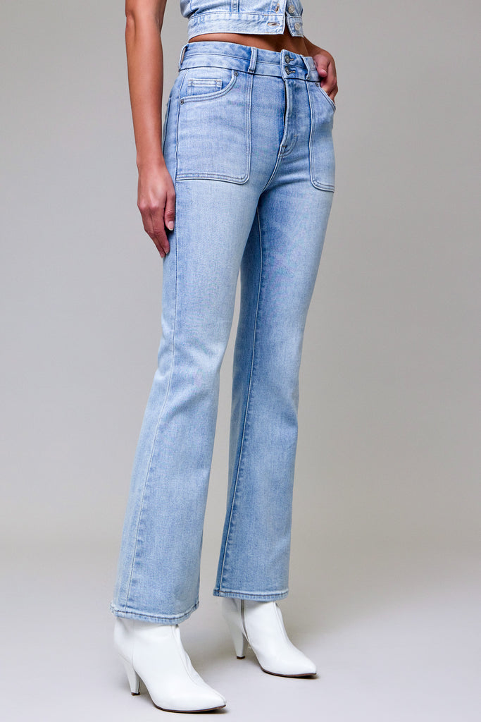 [HAPPI] LIGHT WASH DOUBLE WAISTBAND UTILITY POCKET FLARE