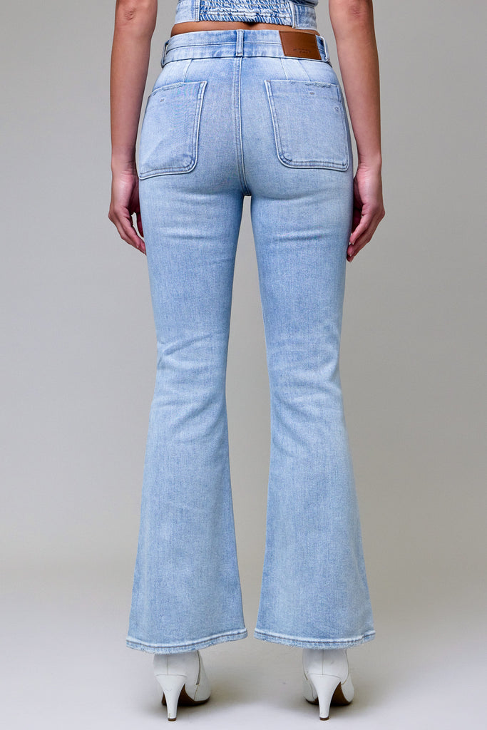 [HAPPI] LIGHT WASH DOUBLE WAISTBAND UTILITY POCKET FLARE