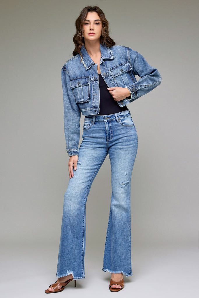 [REBEL] MEDIUM WASH CROPPED CARGO JACKET