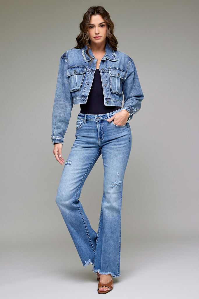 [REBEL] MEDIUM WASH CROPPED CARGO JACKET
