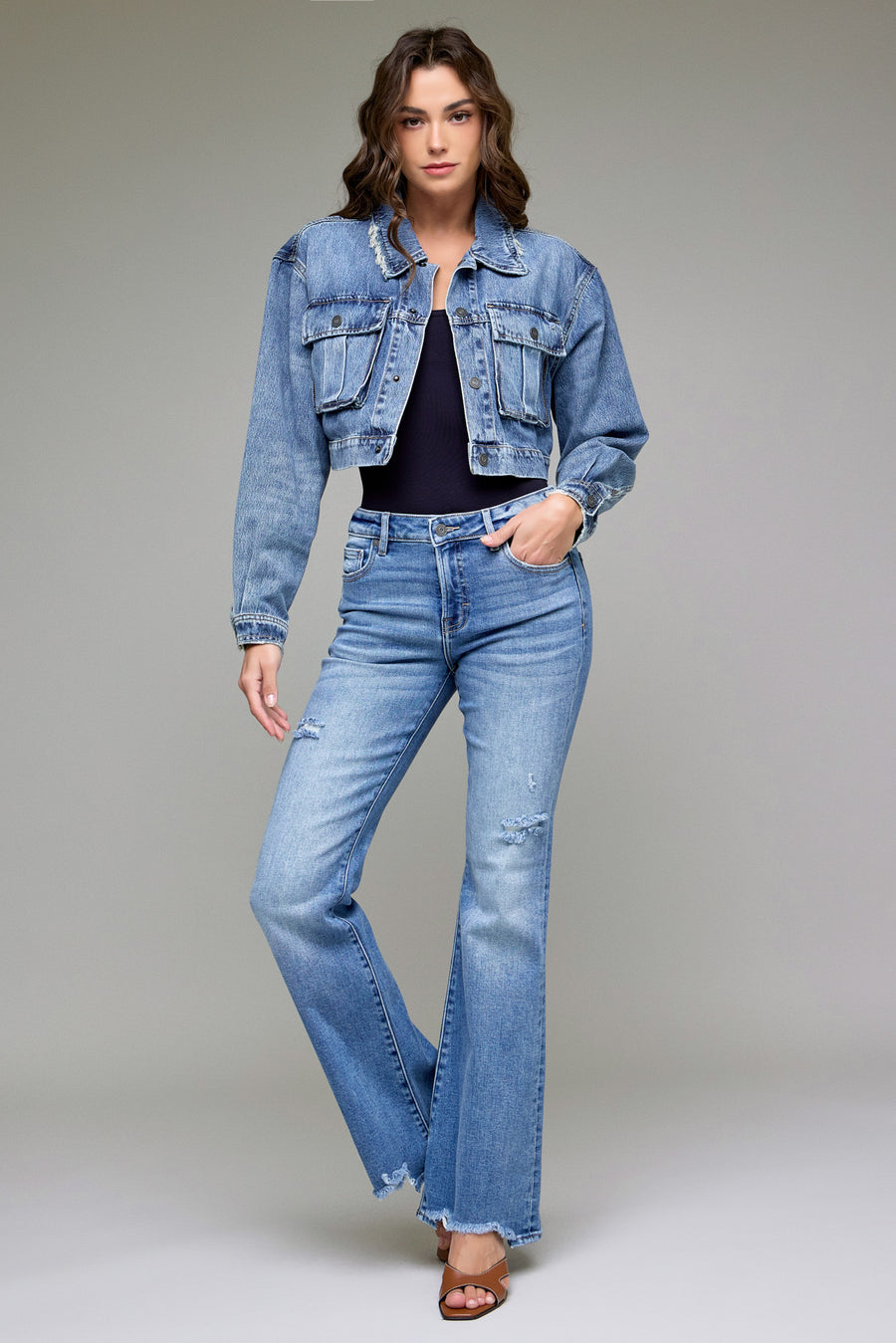 [REBEL] MEDIUM WASH CROPPED CARGO JACKET