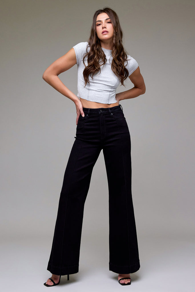 [HAPPI] Black Stretch Pintuck High Rise Comfort Flare