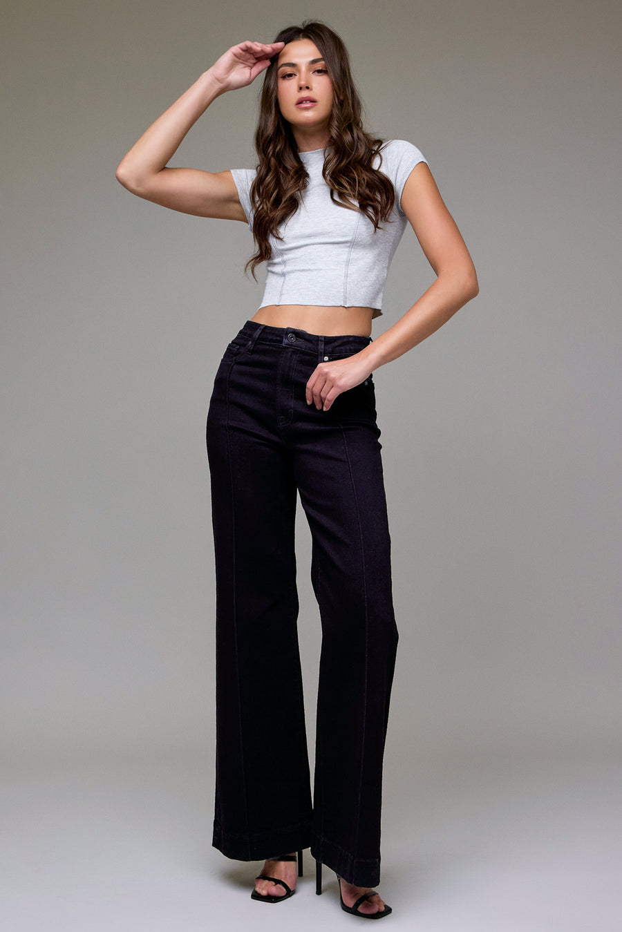 [HAPPI] Black Stretch Pintuck High Rise Comfort Flare