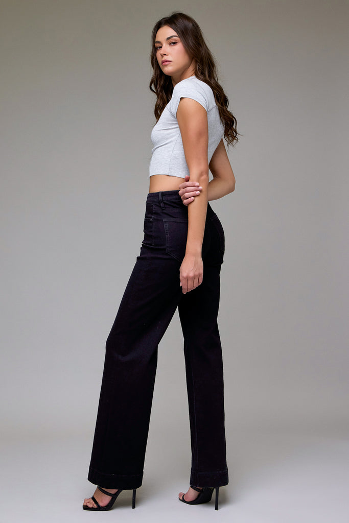 [HAPPI] Black Stretch Pintuck High Rise Comfort Flare