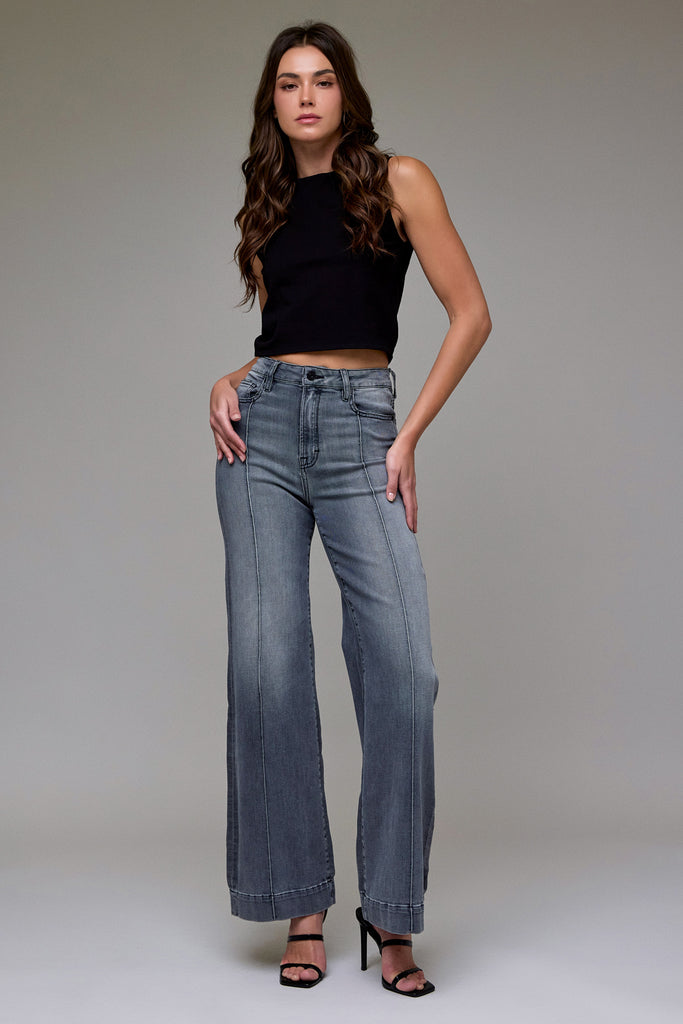 [HAPPI] Grey Wash Pintuck High Rise Comfort Flare