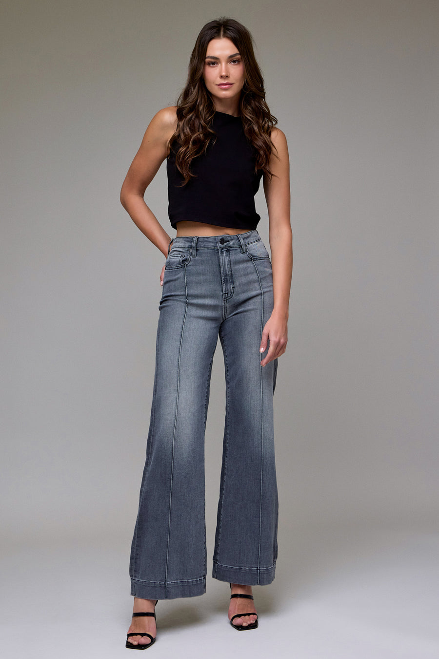 [HAPPI] Grey Wash Pintuck High Rise Comfort Flare