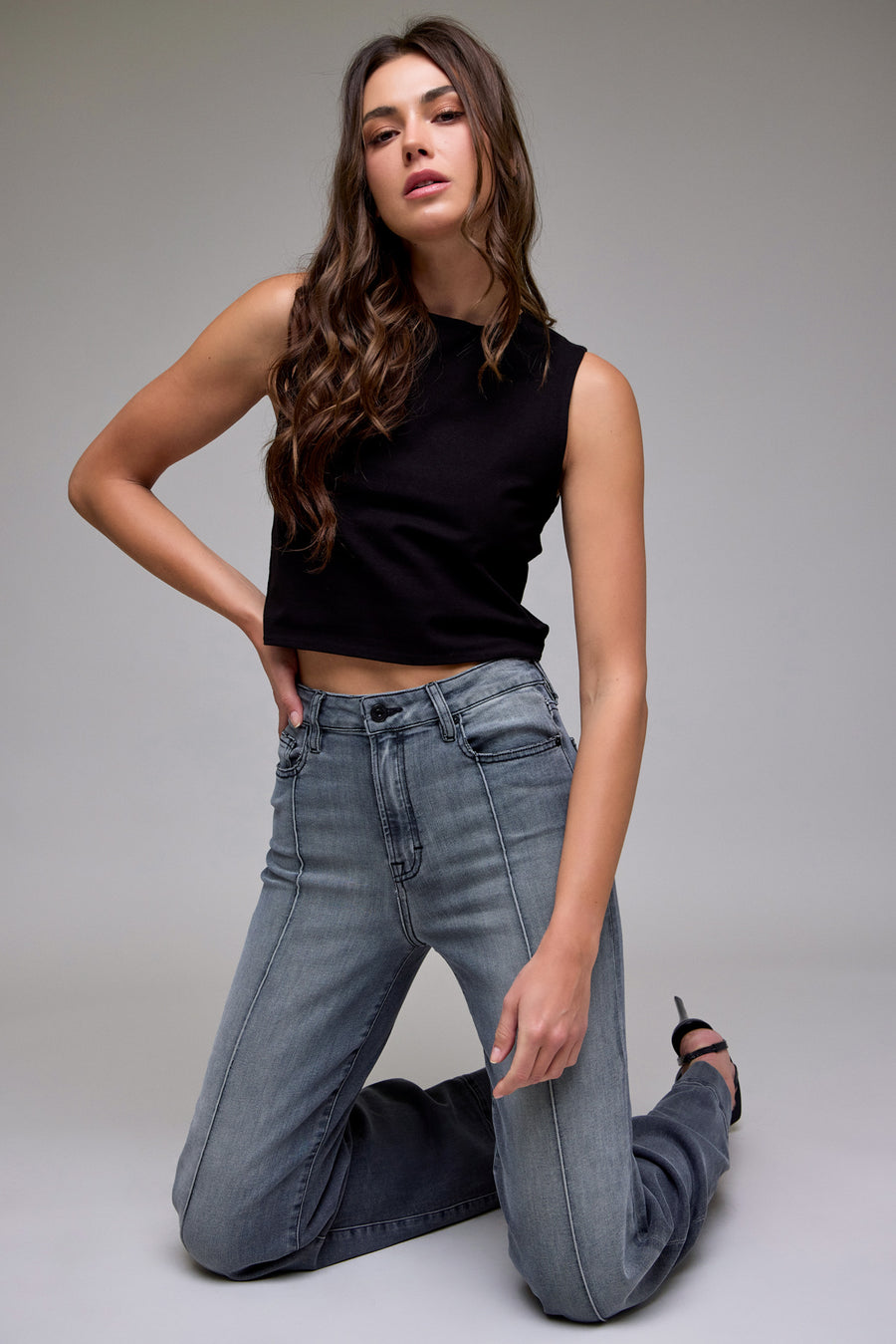 [HAPPI] Grey Wash Pintuck High Rise Comfort Flare
